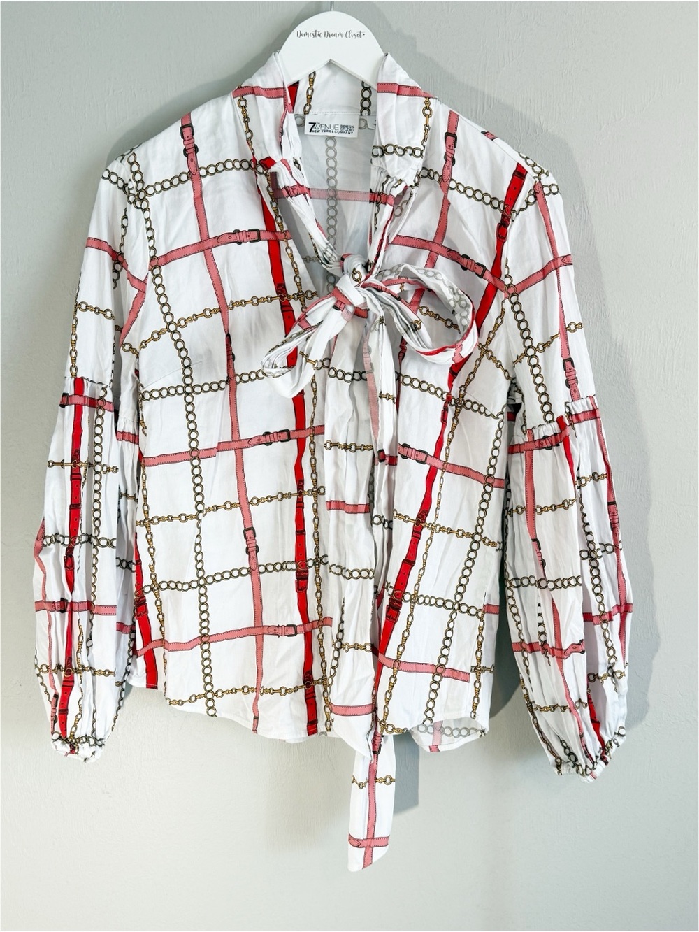 7th AVENUE DESIGN STUDIO NEW YORK & CO Women’s White Red Printed Tie Neck Top M